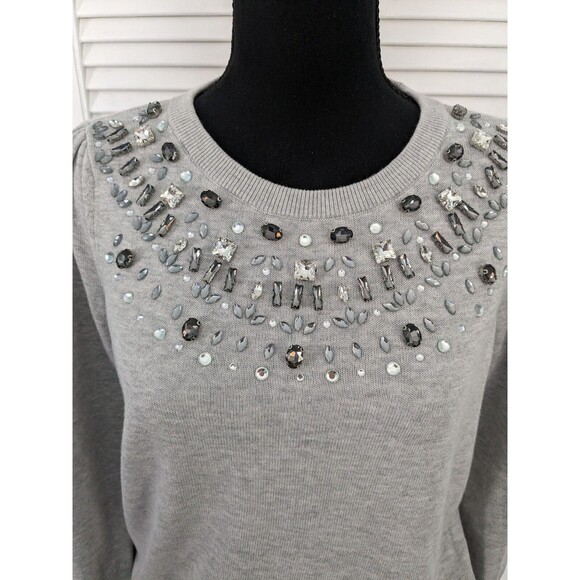 Charter Club Sweater Women's sz M Embellished 3/4 Puff-Sleeve Grey Rhinestones - Picture 2 of 12